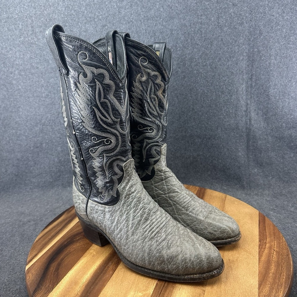 Vintage Dan Post Cowboy Boots 8EW Exotic Safari Print Bullhide Cow Leather Gray - Picture 2 of 16